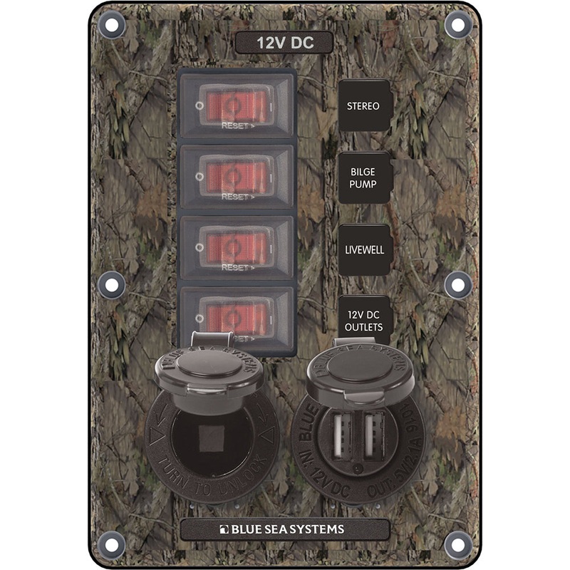 Blue Sea 4324 Circuit Breaker Switch Panel 4 Postion – Camo w/12V Socket  Dual USB [4324]