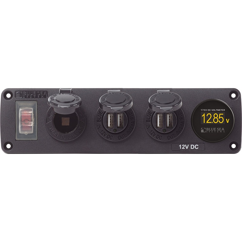 Blue Sea 4368 Water Resistant USB Accessory Panel – 12V Socket, 2x 2.1A Dual USB Chargers, Mini Voltmeter [4368]