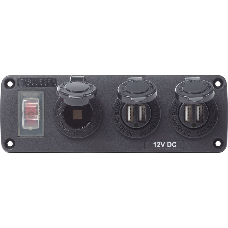 Blue Sea 4365 Water Resistant USB Accessory Panel – 15A Circuit Breaker, 12V Socket, 2x 2.1A Dual USB Chargers [4365]
