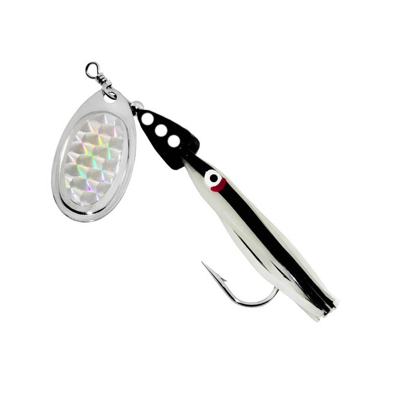 Wally Whale Spinz – Black/White Skirt Fish Scale Blade