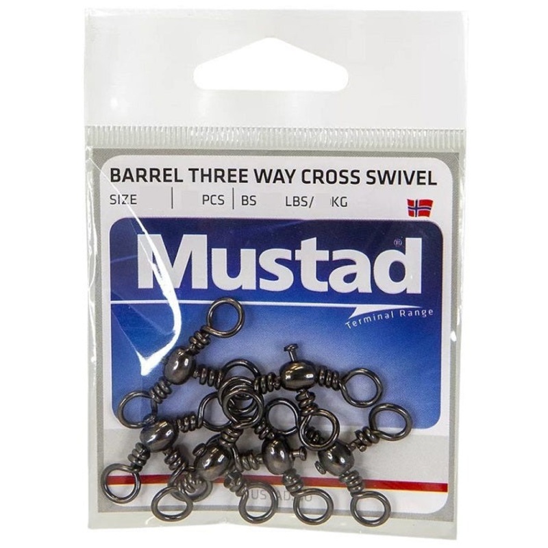 Mustad 3 Way Barrel Swivel|1 – 77LB – 10PK|2 – 73LB – 10PK|4 – 66LB – 10PK|6 – 55LB – 10PK|8 – 44LB – 10PK|10 – 40LB – 10PK|1/0 – 132LB – 6PK