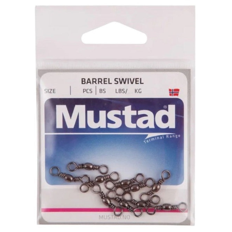 Mustad Barrel Swivel|1 – 121LB – 6PK|2 – 93LB – 10PK|4 – 77LB – 10PK|6 – 66LB – 10PK|8 – 51LB – 10PK|10 – 51LB – 10PK|12 – 36LB – 10PK|1/0 – 66LB – 6PK